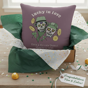 Lucky In Love Purple Irish Sugar Skulls Newlywed Throw Pillow