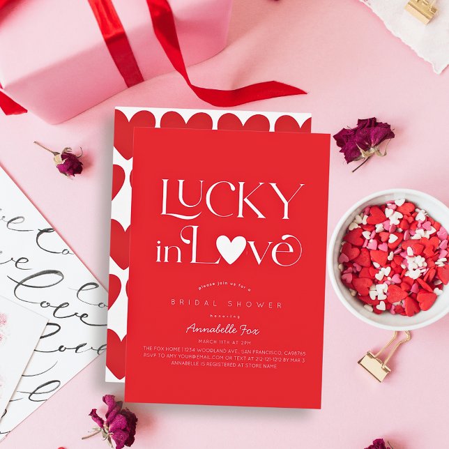 Lucky in Love Red Heart Bridal Shower Invitation (Creator Uploaded)