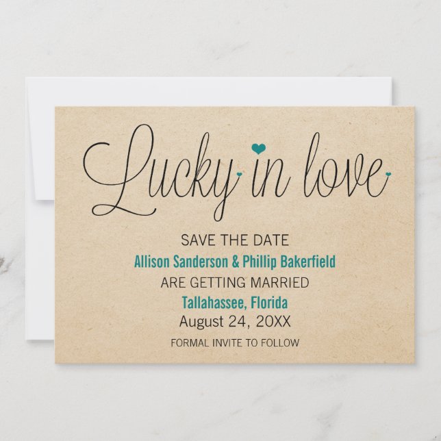 Lucky in Love Save the Date, Teal Save The Date (Front)