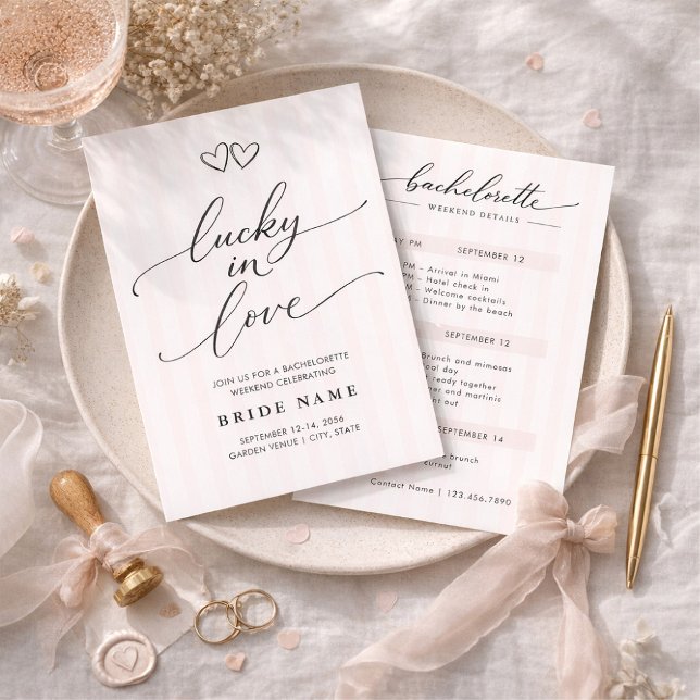 Lucky in Love Script Stripe Bachelorette Weekend Invitation (Creator Uploaded)