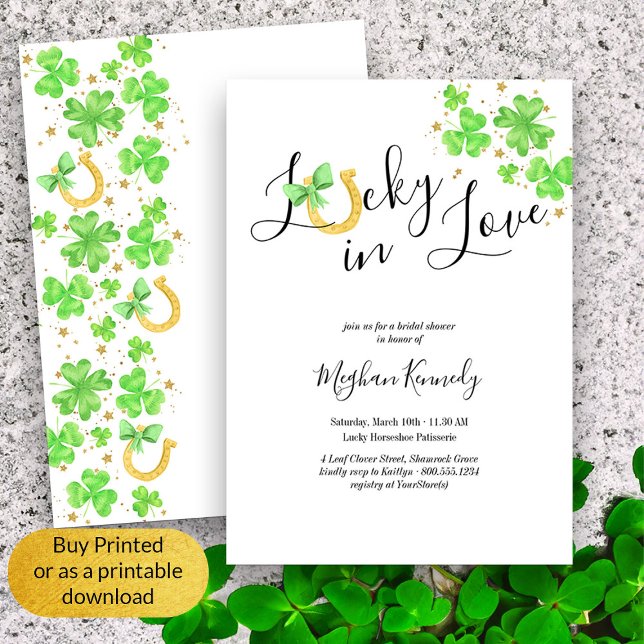 Lucky in Love Shamrock and Horseshoe Bridal Shower Invitation (Elegant Lucky in Love Bridal Shower Invitation)