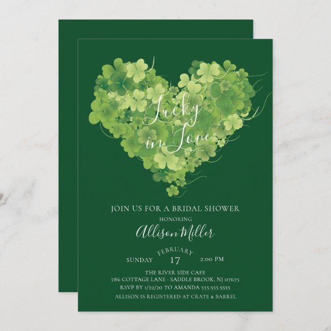 Lucky in Love Shamrock Heart Bridal Shower Invitation (Front/Back)
