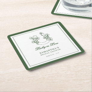 Lucky in Love Shamrock Horseshoe Bridal Shower Square Paper Coaster