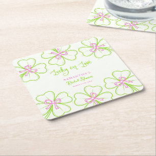 Lucky in Love ShamrockPink Green  Bridal Shower  Square Paper Coaster