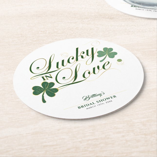 Lucky in Love St Patrick's Modern Bridal Shower  Round Paper Coaster (Angled)