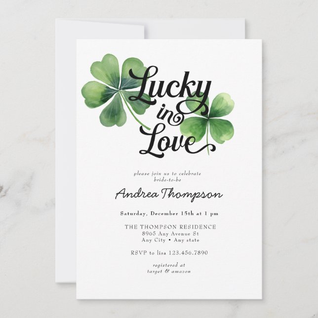Lucky in Love | Watercolor Bridal Shower  Invitation (Front)