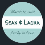 "Lucky in Love" Wedding Sticker<br><div class="desc">Great for wedding favours: Use a glassine envelope and enclose a $1 lotto ticket along with a penny that has the year you're getting married. Just change the names & the date and you'll be set!</div>