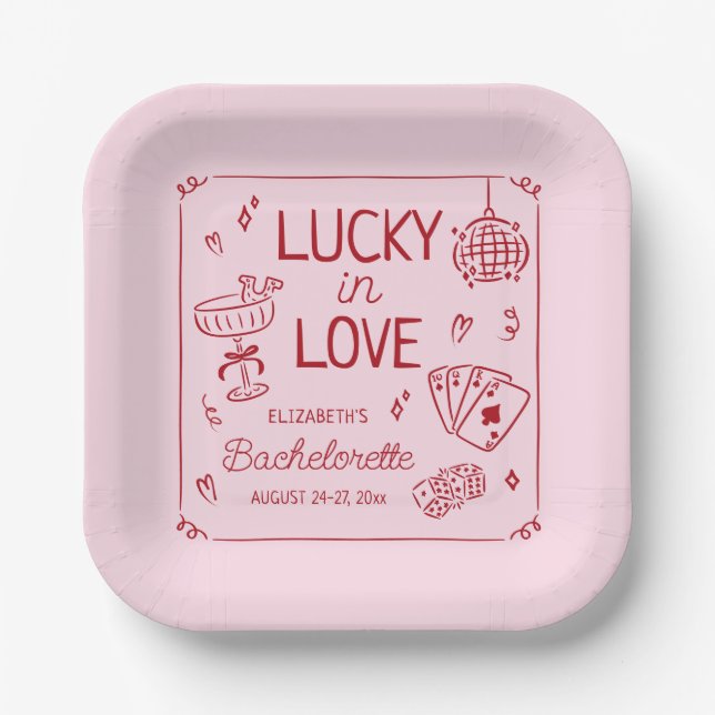 Lucky In Love Whimsical Hand Drawn Bachelorette Paper Plate (Front)