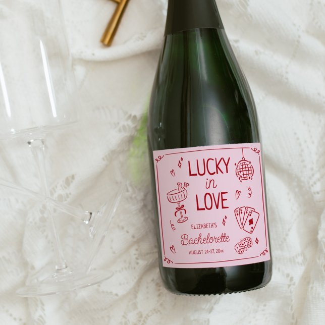Lucky In Love Whimsical Hand Drawn Bachelorette Sparkling Wine Label (Creator Uploaded)