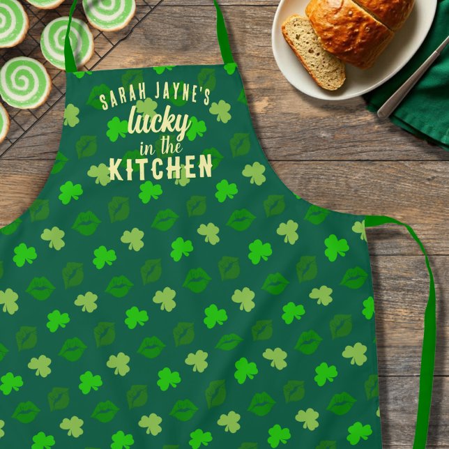 Lucky in the Kitchen Green St Patrick's Day Apron (Be lucky in the kitchen with this cute shamrock and kisses apron. Just add your name)