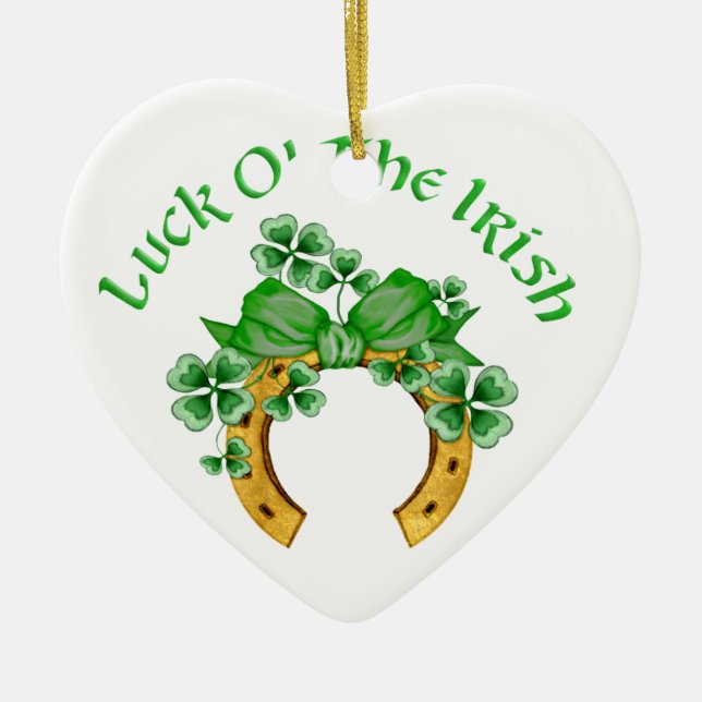 Lucky Irish Horseshoe and Shamrocks Ceramic Ornament (Front)