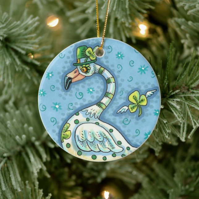 LUCKY IRISH POLKA DOT FLAMINGO, FUNNY BIRD 2021 CERAMIC ORNAMENT (Tree)