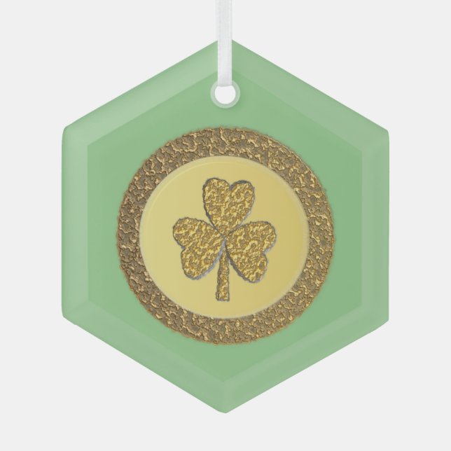 Lucky Irish Shamrock Gold Coin Glass Ornament (Front)