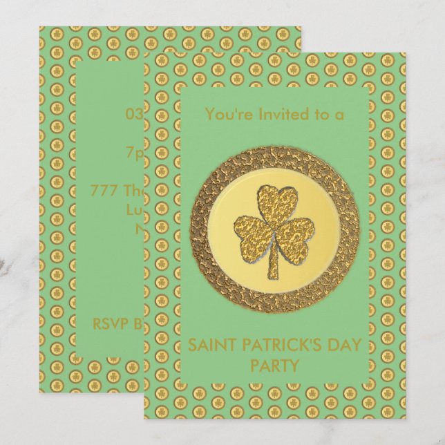 Lucky Irish Shamrock Gold Coin Invitation (Front/Back)