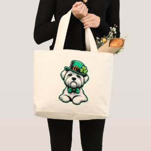 Lucky Irish Shamrock Maltese Dog St Patricks Day Large Tote Bag