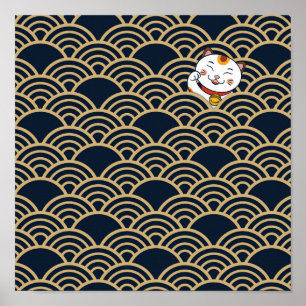 Lucky Japanese Calico Cat   Maneki Neko Poster