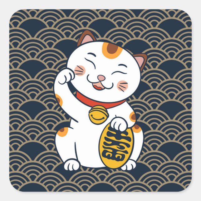 Lucky Japanese Calico Cat | Maneki Neko Square Sti Square Sticker (Front)