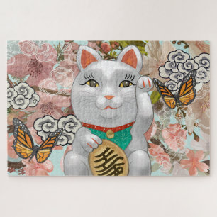 Lucky Japanese Cat   Flower Blossoms Jigsaw Puzzle