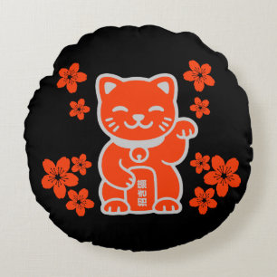 Lucky Japanese Maneki-neko Round Pillow