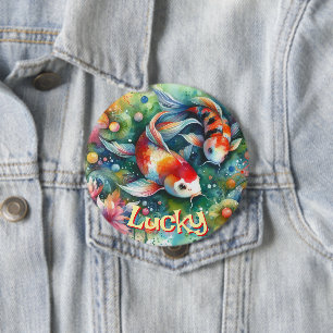 Lucky Koi Fish Whimsical Watercolor Personalized 4 Inch Round Button