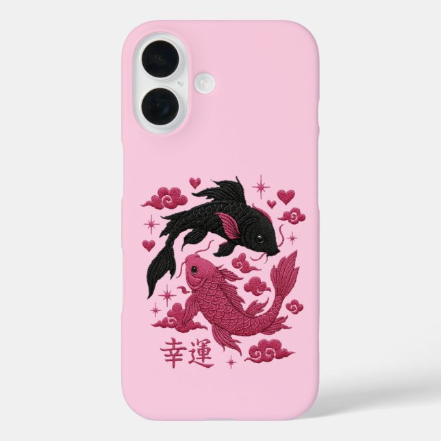 Lucky Koi Yin-Yang Embroidery | Black & Pink Aesth Case-Mate iPhone Case (Back)