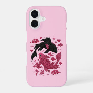 Lucky Koi Yin-Yang Embroidery | Black & Pink Aesth iPhone 16 Case