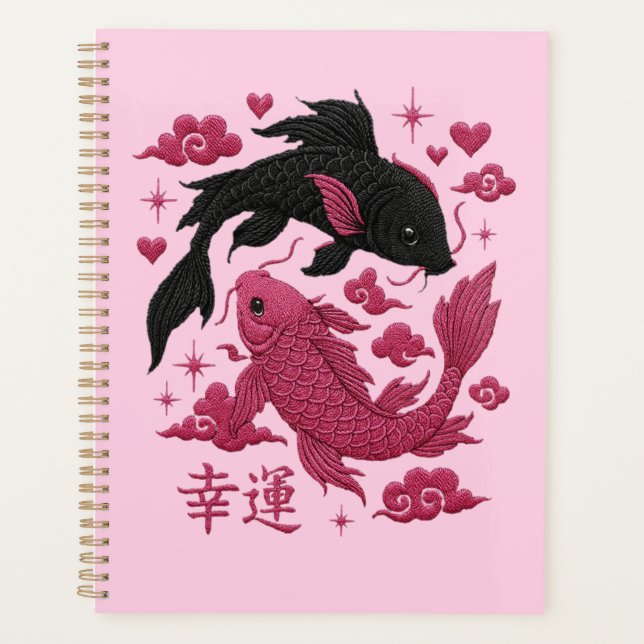 Lucky Koi Yin-Yang Embroidery | Black & Pink Aesth Planner (Front)