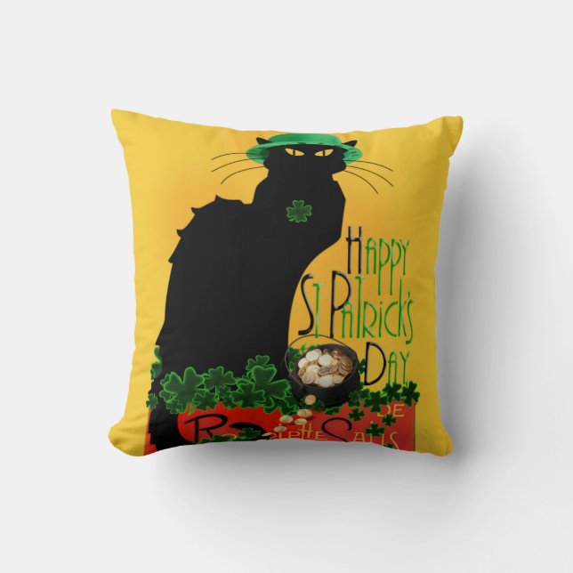 Lucky Le Chat Noir St. Patrick's Day Throw Pillow (Front)