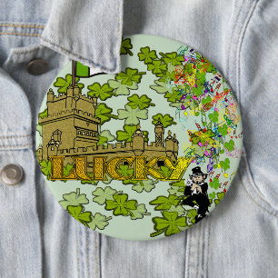 Lucky Leprechaun and His Irish Castle 6 Inch Round Button