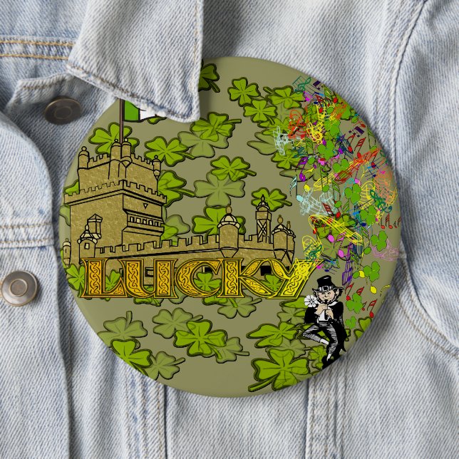 Lucky Leprechaun and His Irish Castle 6 Inch Round Button (In Situ)