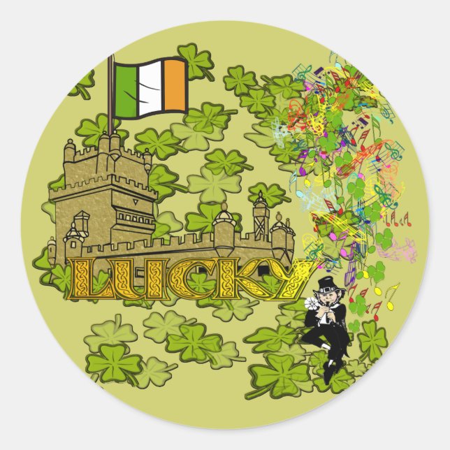Lucky Leprechaun and His Irish Castle Classic Round Sticker (Front)