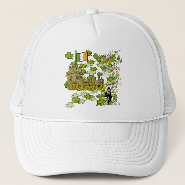Lucky Leprechaun and His Irish Castle Trucker Hat (Front)