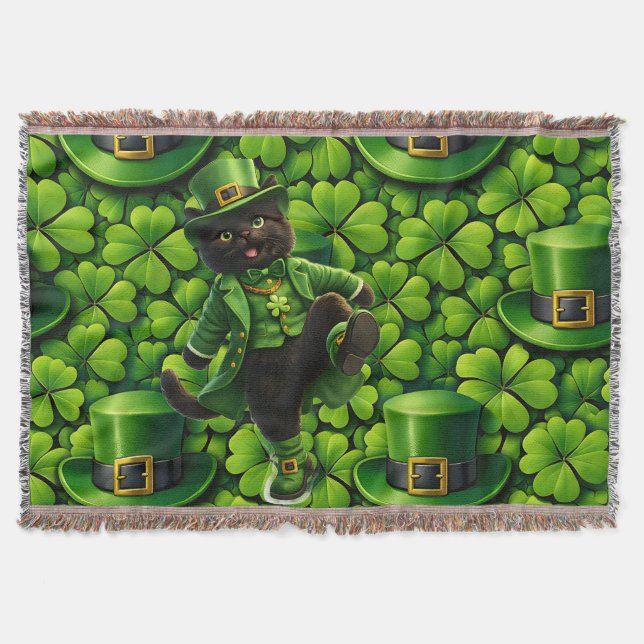 Lucky leprechaun black cat Saint Patrick's Day Pat Throw Blanket (Front)