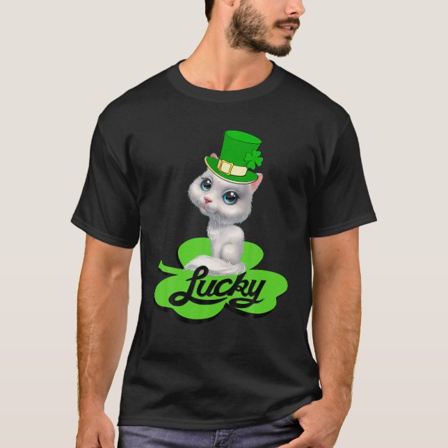 Lucky Leprechaun Cat St Patricks Day Shamrock For T-Shirt (Front)