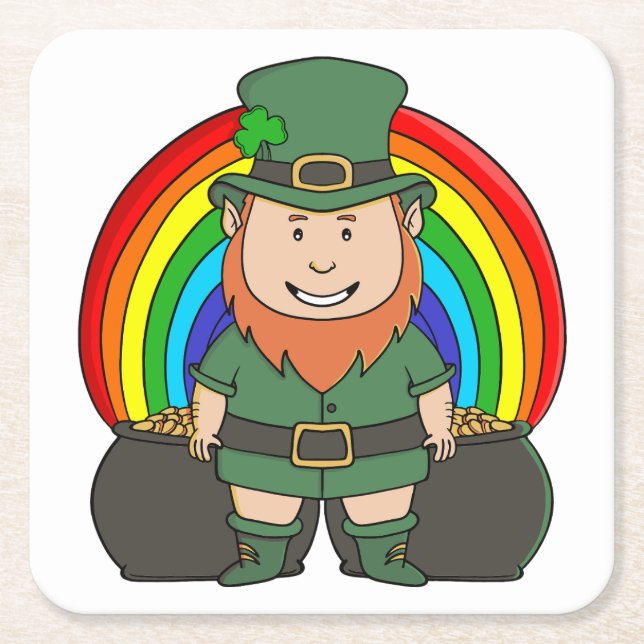 Lucky Leprechaun with Rainbow Pot of Gold Square Paper Coaster (Front)