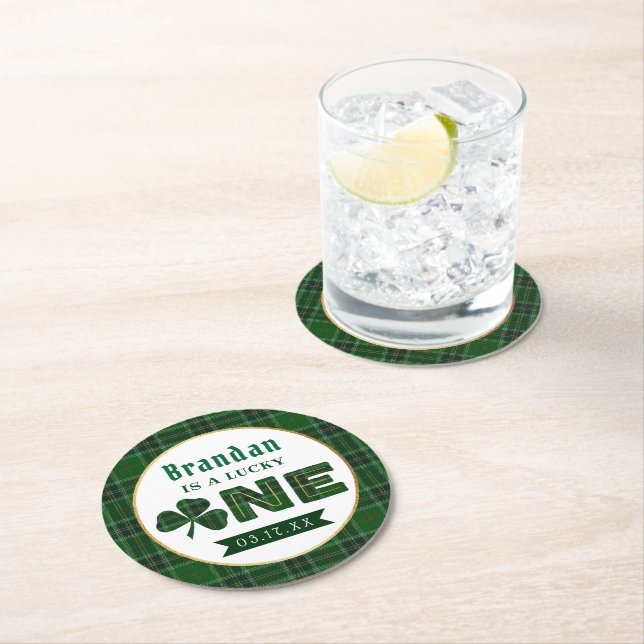 Lucky Little Shamrock 1st Birthday Round Paper Coaster (Insitu)