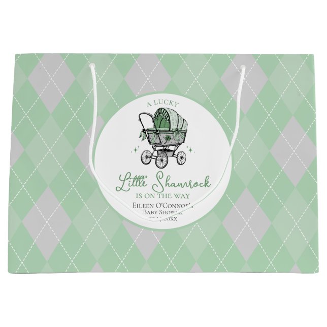 Lucky Little Shamrock Argyle Baby Shower Large Gift Bag (Front)