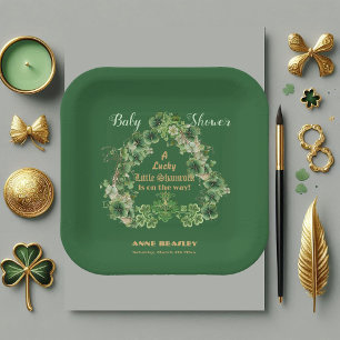 Lucky Little Shamrock Green Gold Leaf Baby Shower Paper Plate
