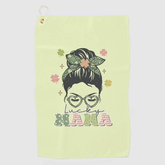 Lucky Mama - Messy Bun - Clover St. Patrick’s Golf Towel (Front)