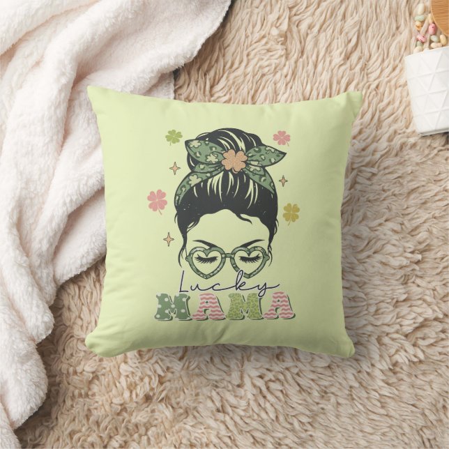Lucky Mama - Messy Bun - Clover St. Patrick’s Throw Pillow (Blanket)