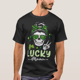 Lucky Mama St Patricks Day Mom Messy Bun Skull Iri T-Shirt