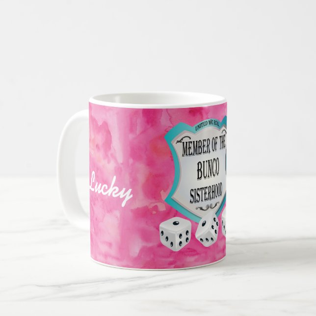 Lucky Monogram Pink Bunco Sisterhood Coffee Mug (Front Left)