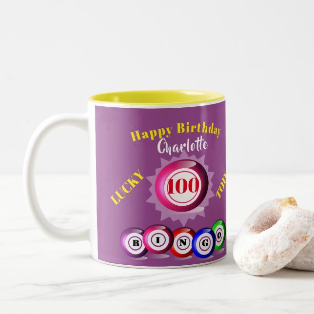 Lucky Number Bingo Themed Birthday Two-Tone Coffee Mug (With Donut)