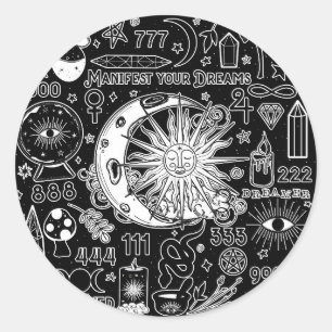 Lucky Numerology Manifesting Magic Black White  Classic Round Sticker
