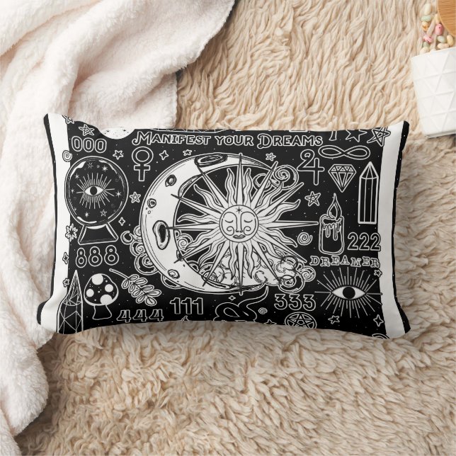 Lucky Numerology Manifesting Magic Black & White  Lumbar Pillow (Blanket)