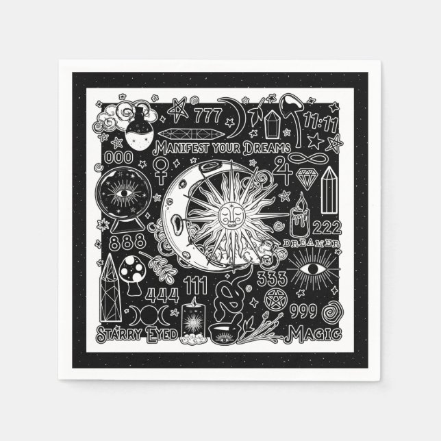 Lucky Numerology Manifesting Magic Black & White  Napkin (Front)