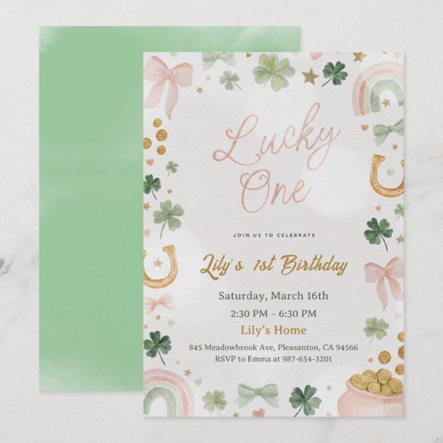 Lucky One 1st Birthday Invitation (Devant / Derrière)