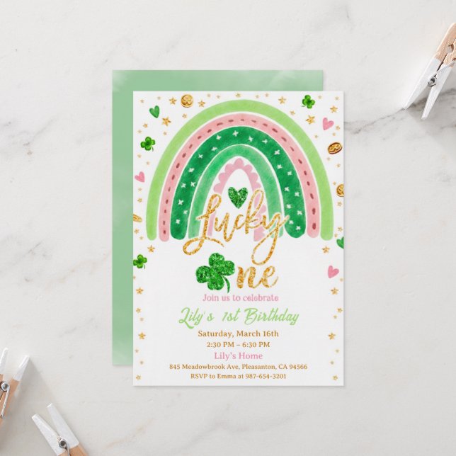 Lucky One 1st Birthday Invitation (Devant/Arrière en situation)