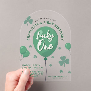 Lucky One 1st Birthday St Patricks Day Balloon Acrylic Invitations