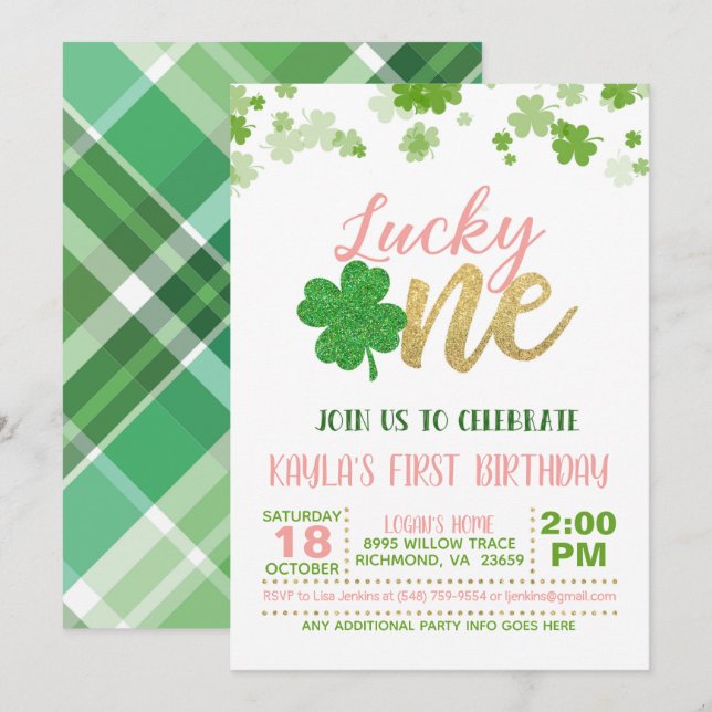 Lucky One Birthday Invitation - Girl (Front/Back)
